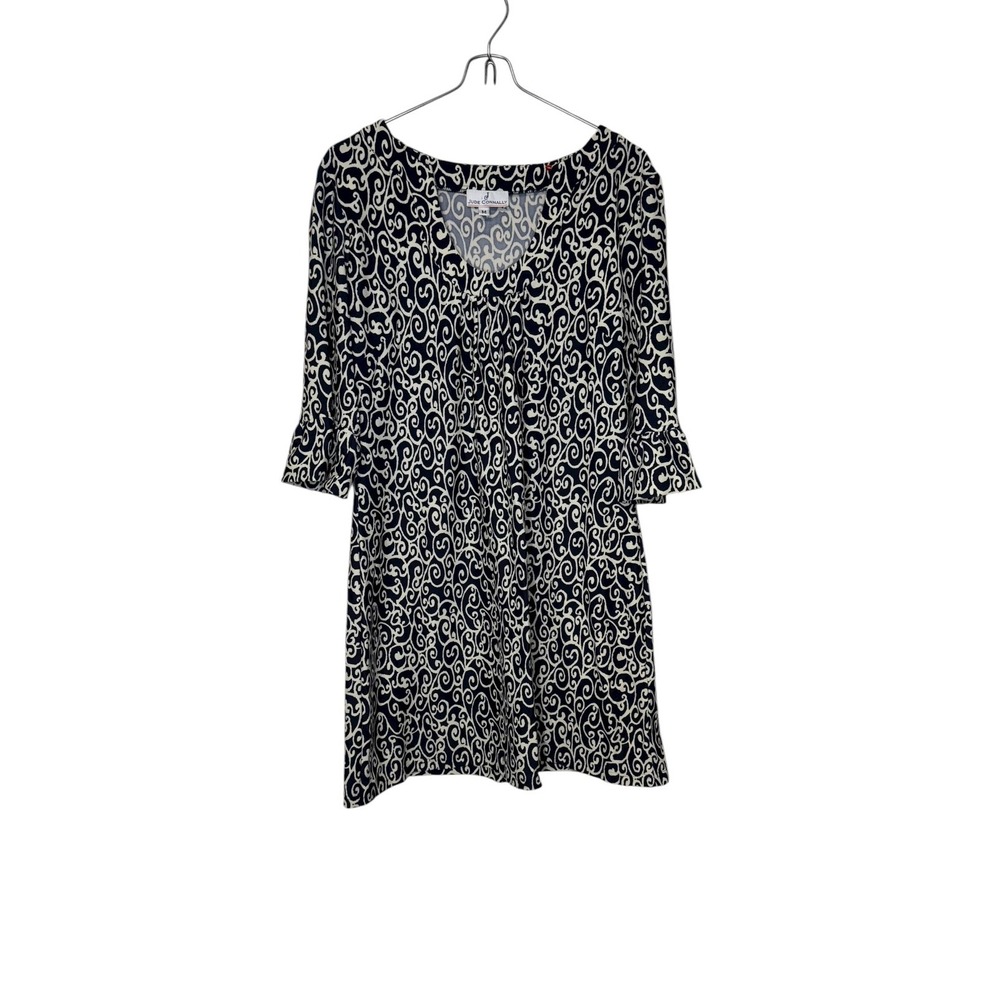 Jude Connally Women's Dress Tunic 3/4 Sleeve Abstract Print V-Neck Navy Medium